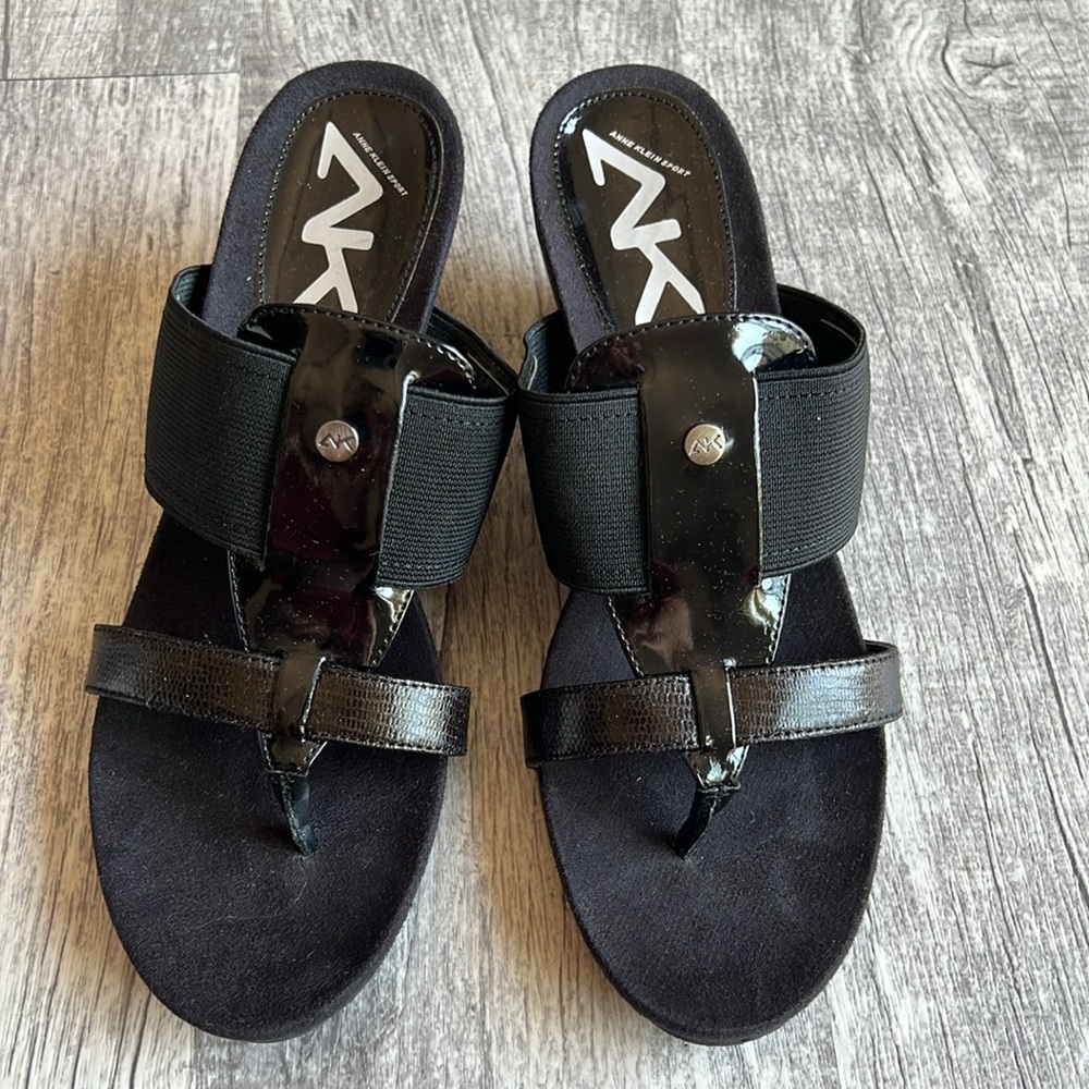 Anne Klein Sport Akcissy Black Wedge Sandals Size 7 M